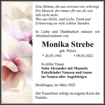 Traueranzeige von Monika Strebe (geb. Polzin)  von Magdeburger Volksstimme