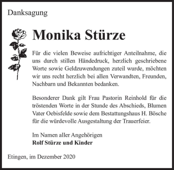 Traueranzeige von Monika Stürze  von Magdeburger Volksstimme