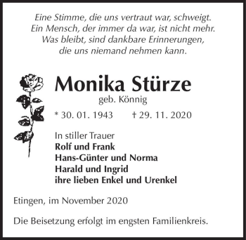 Traueranzeige von Monika Stürze (geb. Könnig)  von Magdeburger Volksstimme