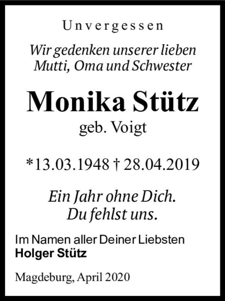  Traueranzeige für Monika Stütz (geb. Voigt)  vom 02.05.2020 aus Magdeburger Volksstimme