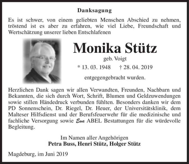  Traueranzeige für Monika Stütz (geb. Voigt)  vom 01.06.2019 aus Magdeburger Volksstimme