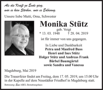 Traueranzeige von Monika Stütz (geb. Voigt)  von Magdeburger Volksstimme