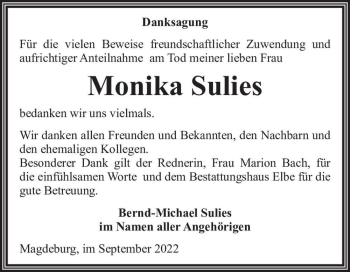 Traueranzeige von Monika Sulies  von Magdeburger Volksstimme