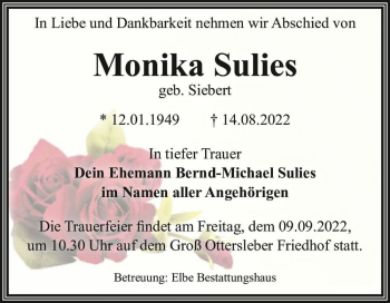 Traueranzeige von Monika Sulies (geb. Siebert)  von Magdeburger Volksstimme