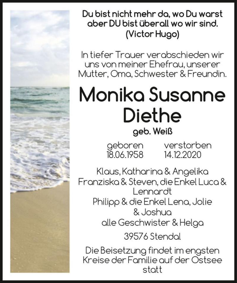  Traueranzeige für Monika Susanne Diethe (geb. Weiß)  vom 31.12.2020 aus Magdeburger Volksstimme
