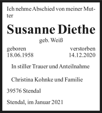 Traueranzeige von Monika Susanne Diethe (geb. Weiß)  von Magdeburger Volksstimme