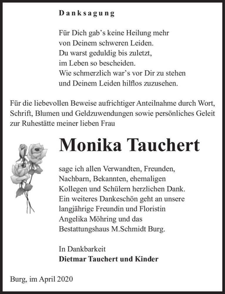  Traueranzeige für Monika Tauchert  vom 10.04.2021 aus Magdeburger Volksstimme
