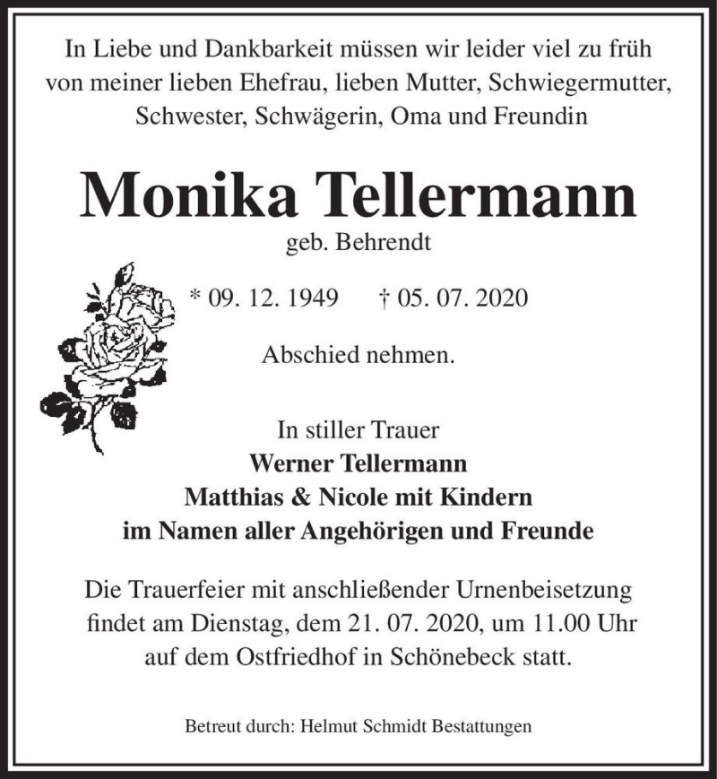  Traueranzeige für Monika Tellermann (geb. Behrendt)  vom 11.07.2020 aus Magdeburger Volksstimme