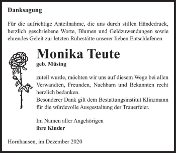 Traueranzeige von Monika Teute (geb. Müsig)  von Magdeburger Volksstimme