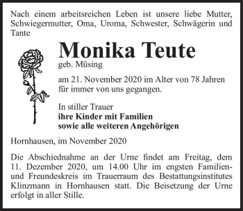 Traueranzeige von Monika Teute (geb. Müsing)  von Magdeburger Volksstimme