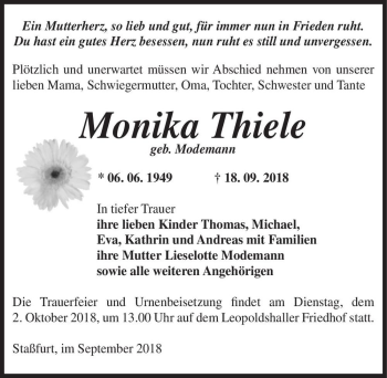 Traueranzeige von Monika Thiele (geb. Modemann)  von Magdeburger Volksstimme