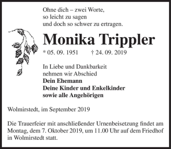 Traueranzeige von Monika Trippler  von Magdeburger Volksstimme