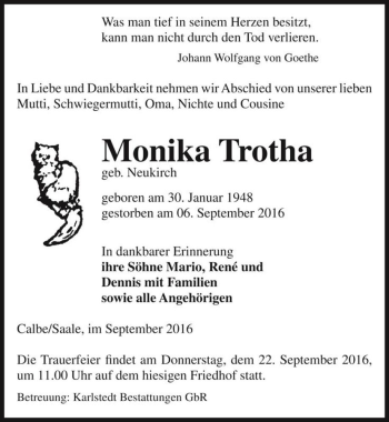 Traueranzeige von Monika Trotha (geb. Neukirch)  von Magdeburger Volksstimme