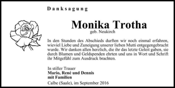 Traueranzeige von Monika Trotha (geb. Neukirch)  von Magdeburger Volksstimme