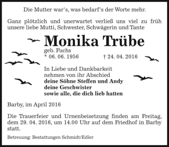 Traueranzeige von Monika Trübe (geb. Fuchs)  von Magdeburger Volksstimme