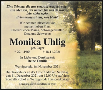 Traueranzeige von Monika Uhlig (geb. Jäger)  von Magdeburger Volksstimme