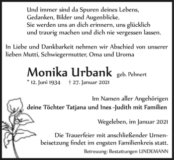 Traueranzeige von Monika Urbank (geb. Pehnert)  von Magdeburger Volksstimme