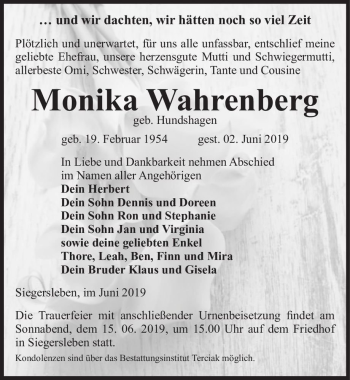 Traueranzeige von Monika Wahrenberg (geb. Hundshagen)  von Magdeburger Volksstimme