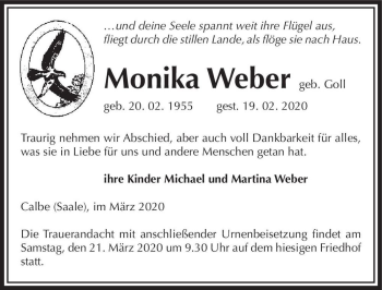 Traueranzeige von Monika Weber (geb. Goll)  von Magdeburger Volksstimme