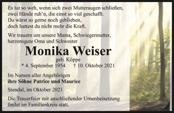 Traueranzeige von Monika Weiser (geb. Köppe)  von Magdeburger Volksstimme