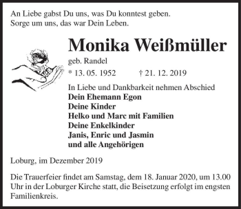 Traueranzeige von Monika Weißmüller (geb. Randel)  von Magdeburger Volksstimme