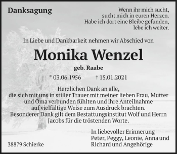 Traueranzeige von Monika Wenzel (geb. Raabe)  von Magdeburger Volksstimme