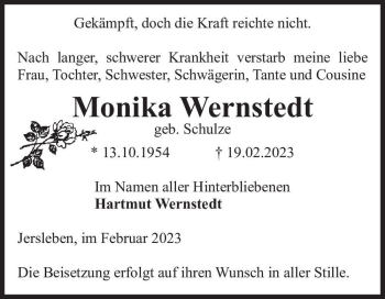 Traueranzeige von Monika Wernstedt (geb. Schulze)  von Magdeburger Volksstimme