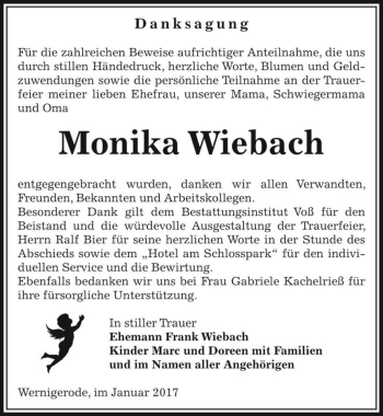 Traueranzeige von Monika Wiebach  von Magdeburger Volksstimme