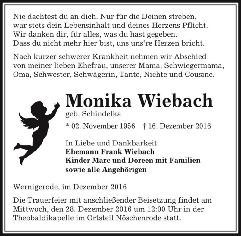  Traueranzeige für Monika Wiebach (geb. Schindelka)  vom 23.12.2016 aus Magdeburger Volksstimme