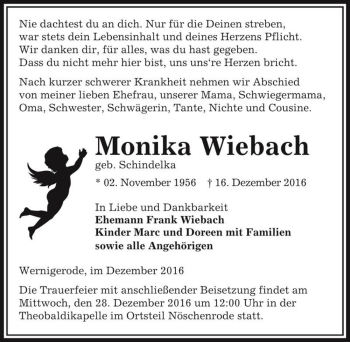 Traueranzeige von Monika Wiebach (geb. Schindelka)  von Magdeburger Volksstimme