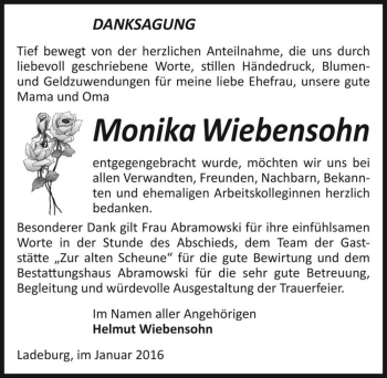 Traueranzeige von Monika Wiebensohn  von Magdeburger Volksstimme