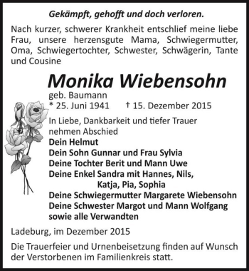 Traueranzeige von Monika Wiebensohn (geb. Baumann)  von Magdeburger Volksstimme