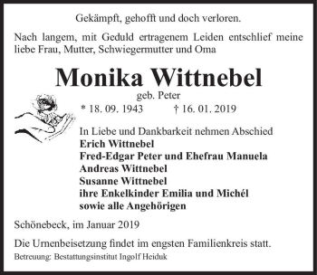 Traueranzeige von Monika Wittnebel (geb. Peter)  von Magdeburger Volksstimme