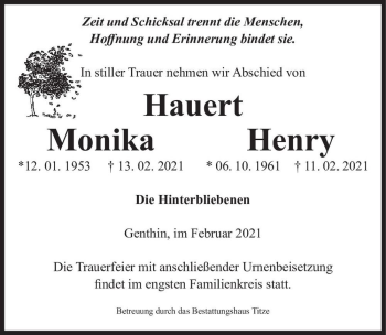 Traueranzeige von Monika und Henry Hauert  von Magdeburger Volksstimme