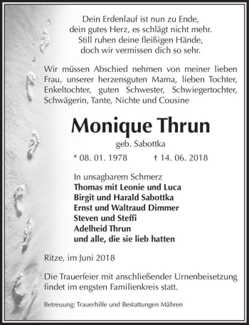 Traueranzeige von Monique Thrun (geb. Sabottka)  von Magdeburger Volksstimme