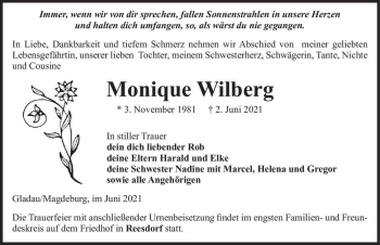 Traueranzeige von Monique Wilberg  von Magdeburger Volksstimme