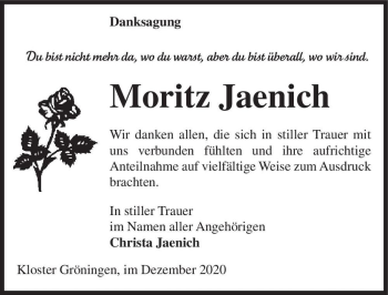 Traueranzeige von Moritz Jaenich  von Magdeburger Volksstimme