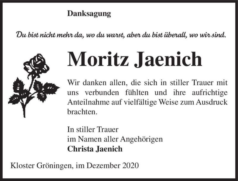  Traueranzeige für Moritz Jaenich  vom 19.12.2020 aus Magdeburger Volksstimme