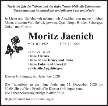 Traueranzeige von Moritz Jaenich  von Magdeburger Volksstimme