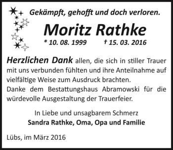 Traueranzeige von Moritz Rathke  von Magdeburger Volksstimme
