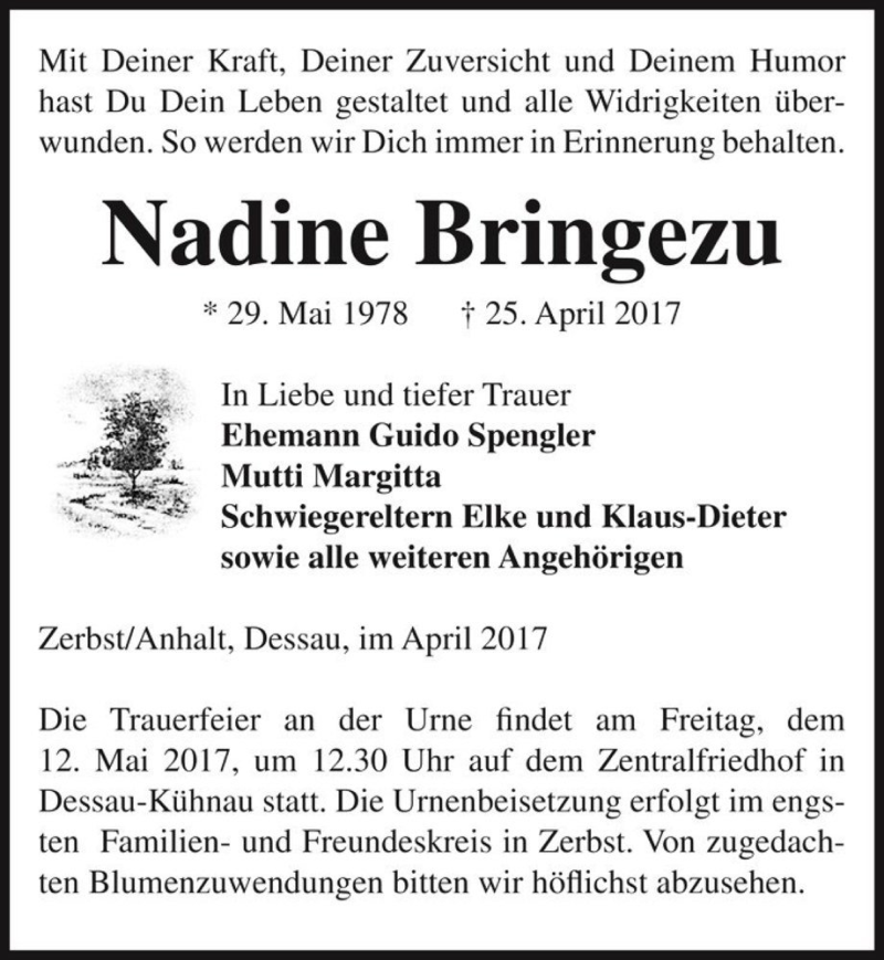  Traueranzeige für Nadine Bringezu  vom 29.04.2017 aus Magdeburger Volksstimme