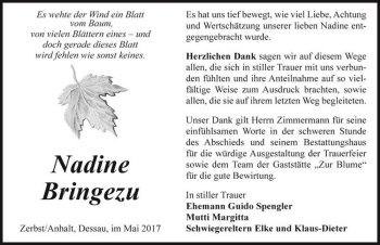 Traueranzeige von Nadine Bringezu  von Magdeburger Volksstimme