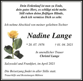 Traueranzeige von Nadine Lange  von Magdeburger Volksstimme