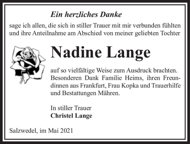  Traueranzeige für Nadine Lange  vom 22.05.2021 aus Magdeburger Volksstimme