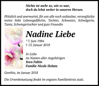 Traueranzeige von Nadine Liebe  von Magdeburger Volksstimme