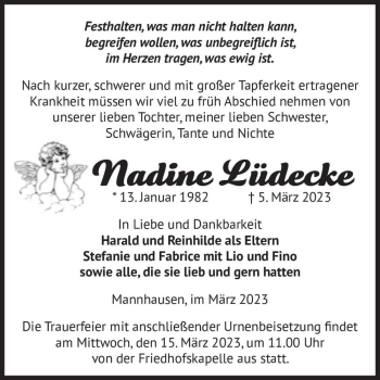 Traueranzeige von Nadine Lüdecke  von Magdeburger Volksstimme