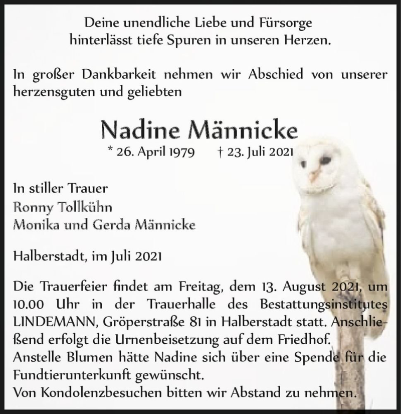  Traueranzeige für Nadine Männicke  vom 31.07.2021 aus Magdeburger Volksstimme