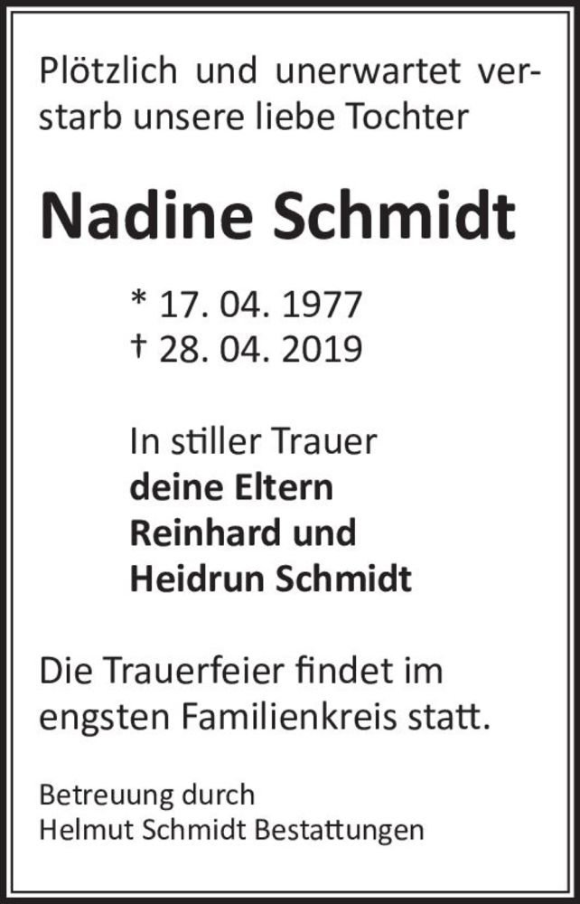  Traueranzeige für Nadine Schmidt  vom 04.05.2019 aus Magdeburger Volksstimme