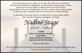 Traueranzeige von Nadine Stage  von Magdeburger Volksstimme