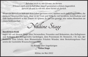Traueranzeige von Nadine Stage  von Magdeburger Volksstimme